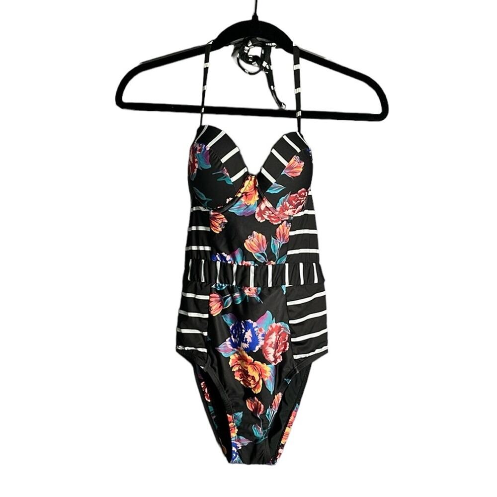 ModCloth Black White Striped Floral Print One Piece Bathing Suit XS
